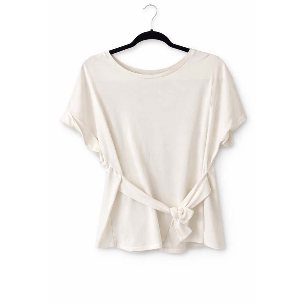 Express Women's Tie Waist Blouse M Ivory Short Sleeve Crew Neck Peplum Top